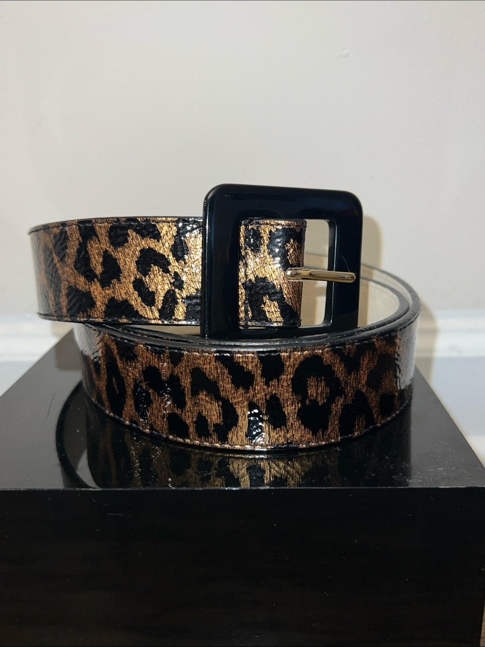 Leopard Print Patent Belt with Black Buckle - Women Accessories